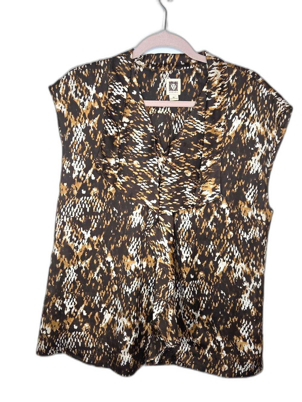 Anne Klein Brown, Cream & Gold Abstract Animal-Print Cap Sleeve Blouse